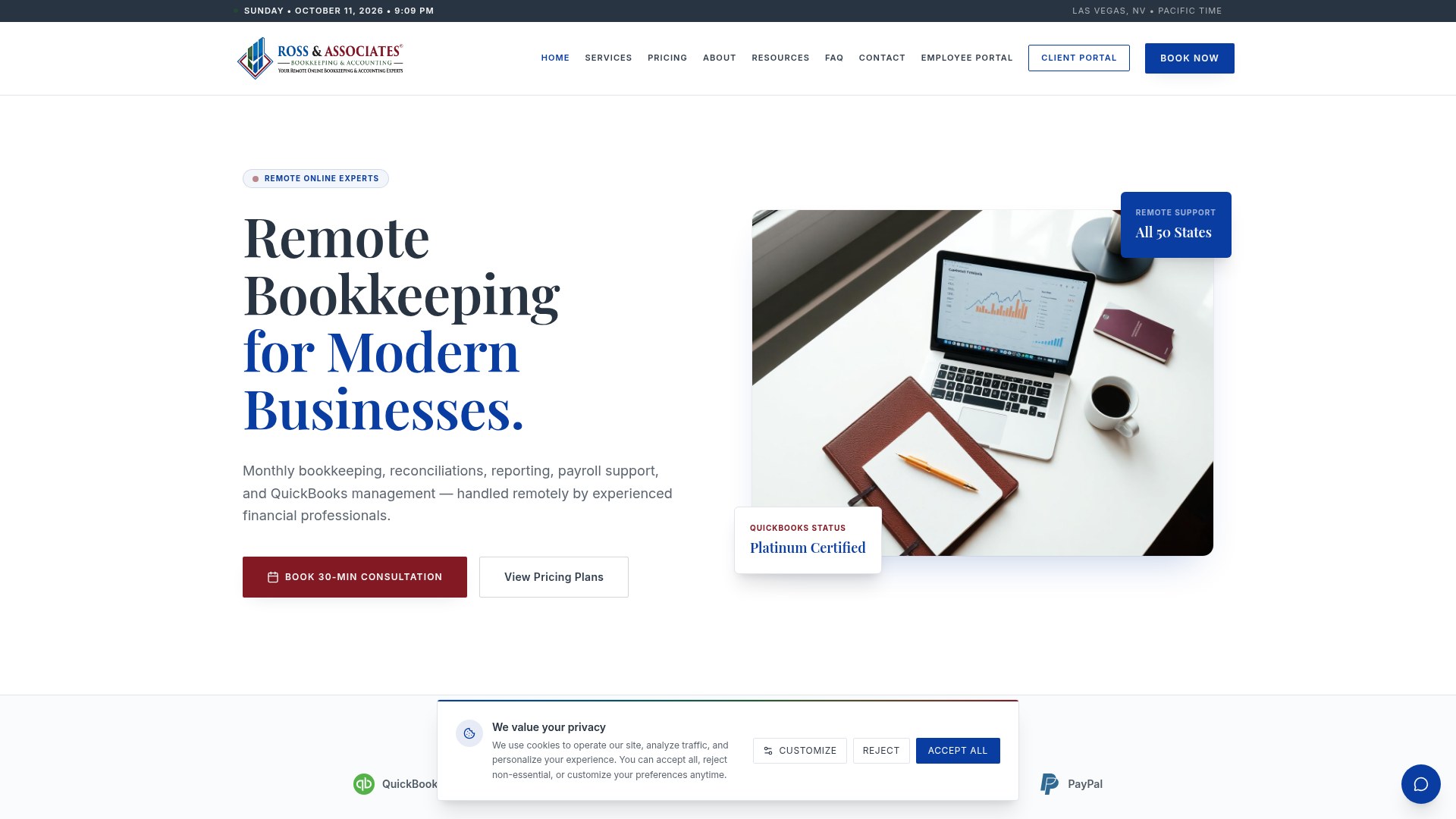 Ross & Associates Bookkeeping Plus Accounting public homepage, captured October 12, 2026
