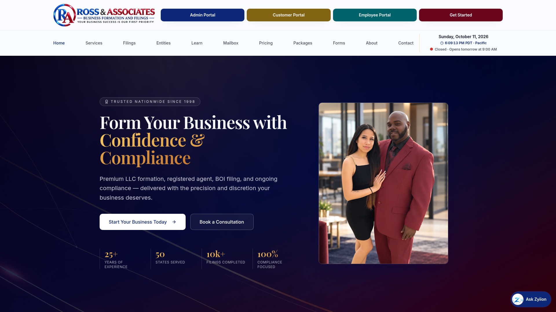 Ross & Associates Business Formation and Filings public homepage, captured October 12, 2026