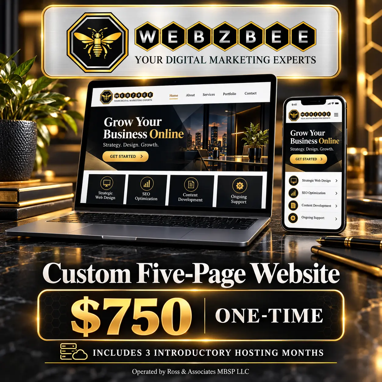 WEBZBEE Custom Five-Page Website — $750 one-time, includes three introductory hosting months