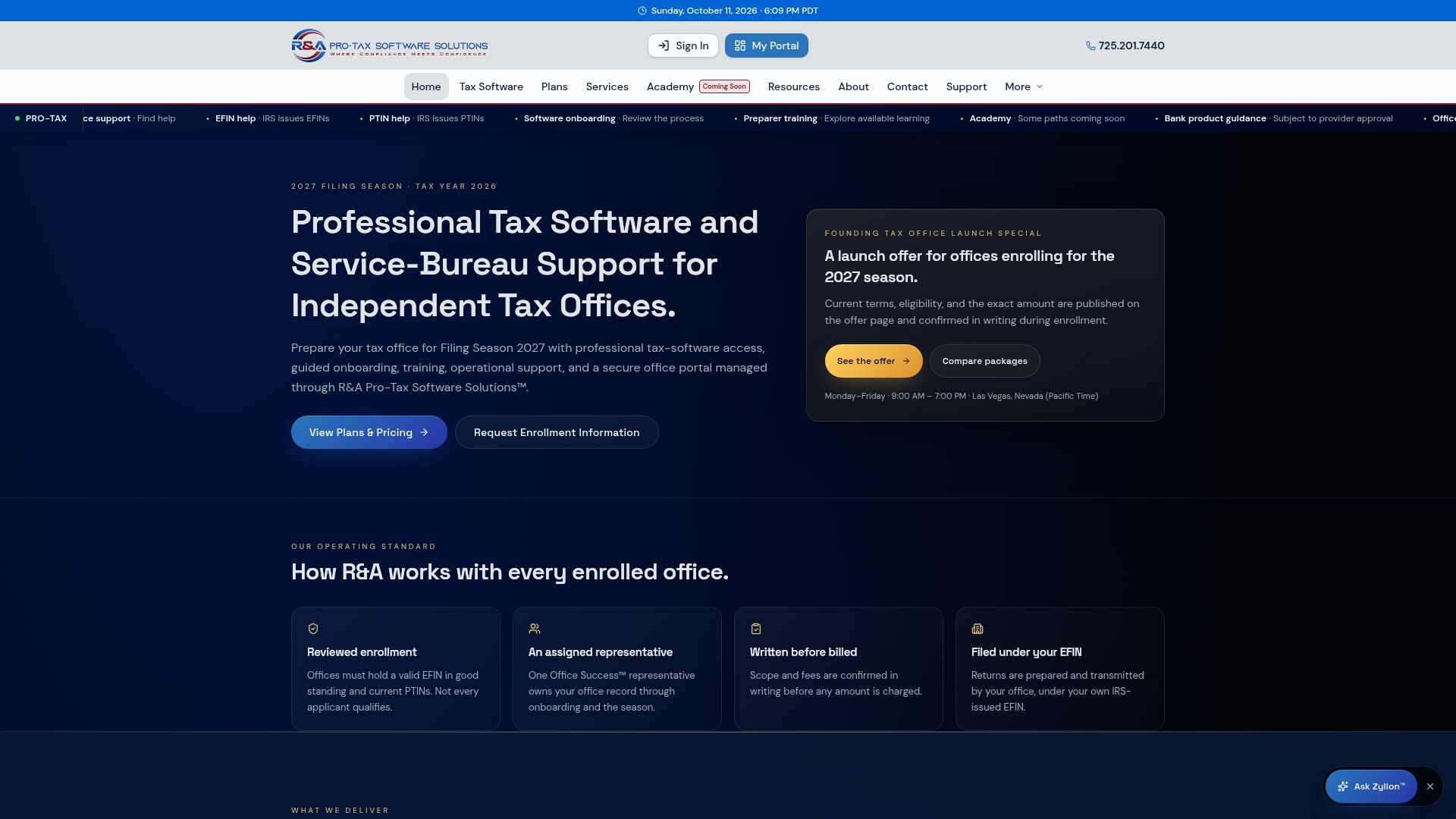 R&A Pro-Tax Software Solutions public homepage, captured October 12, 2026