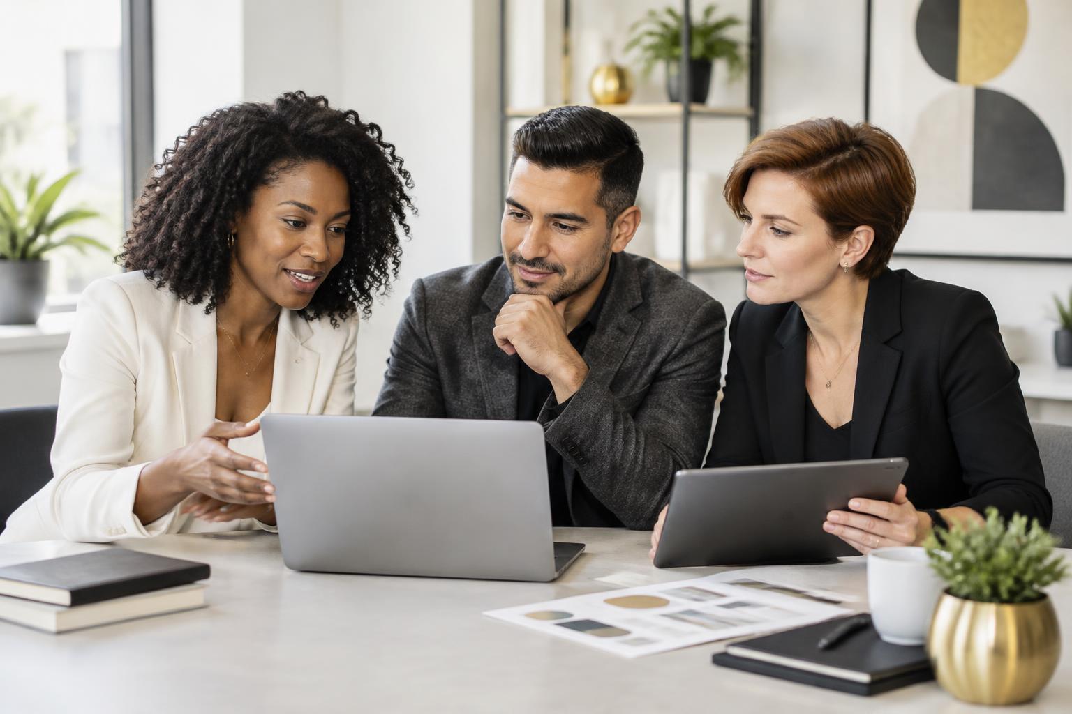 Three professionals collaborating on digital plans with a laptop and tablet