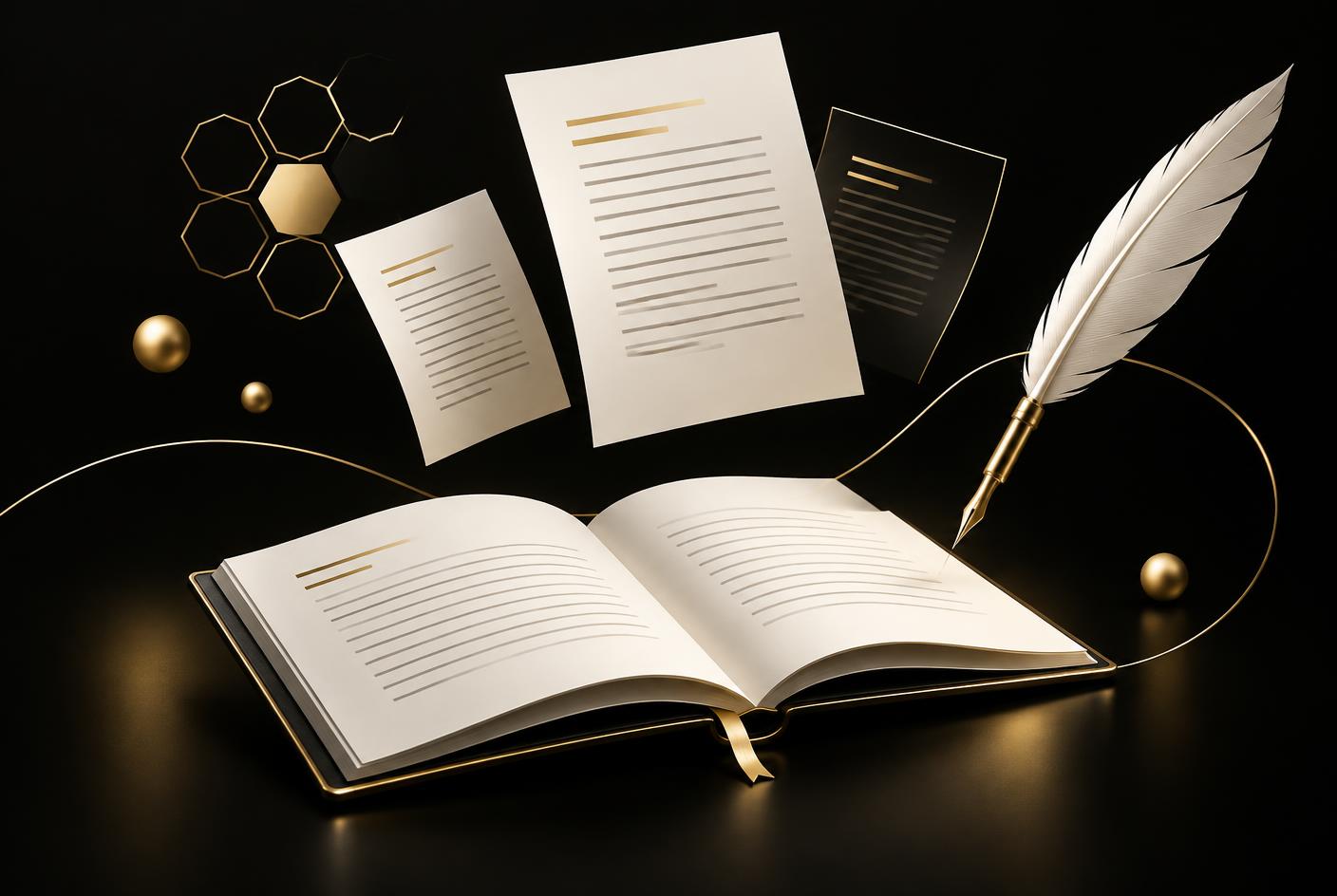 Illustration of written website pages laid out beside a pen