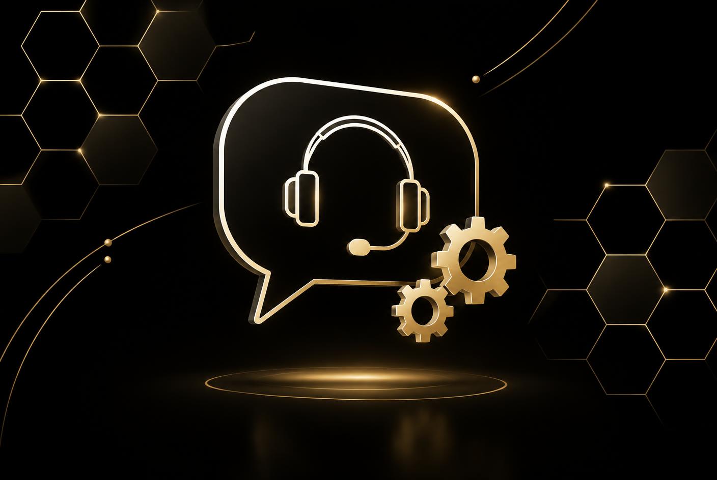Illustration of a support conversation bubble with a headset and gears