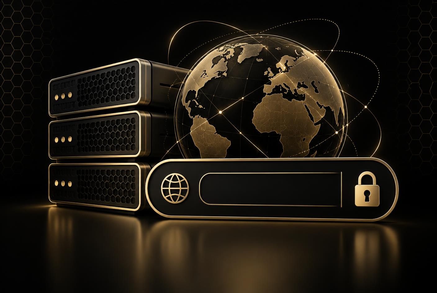 Illustration of website hosting servers, a domain address bar and a padlock