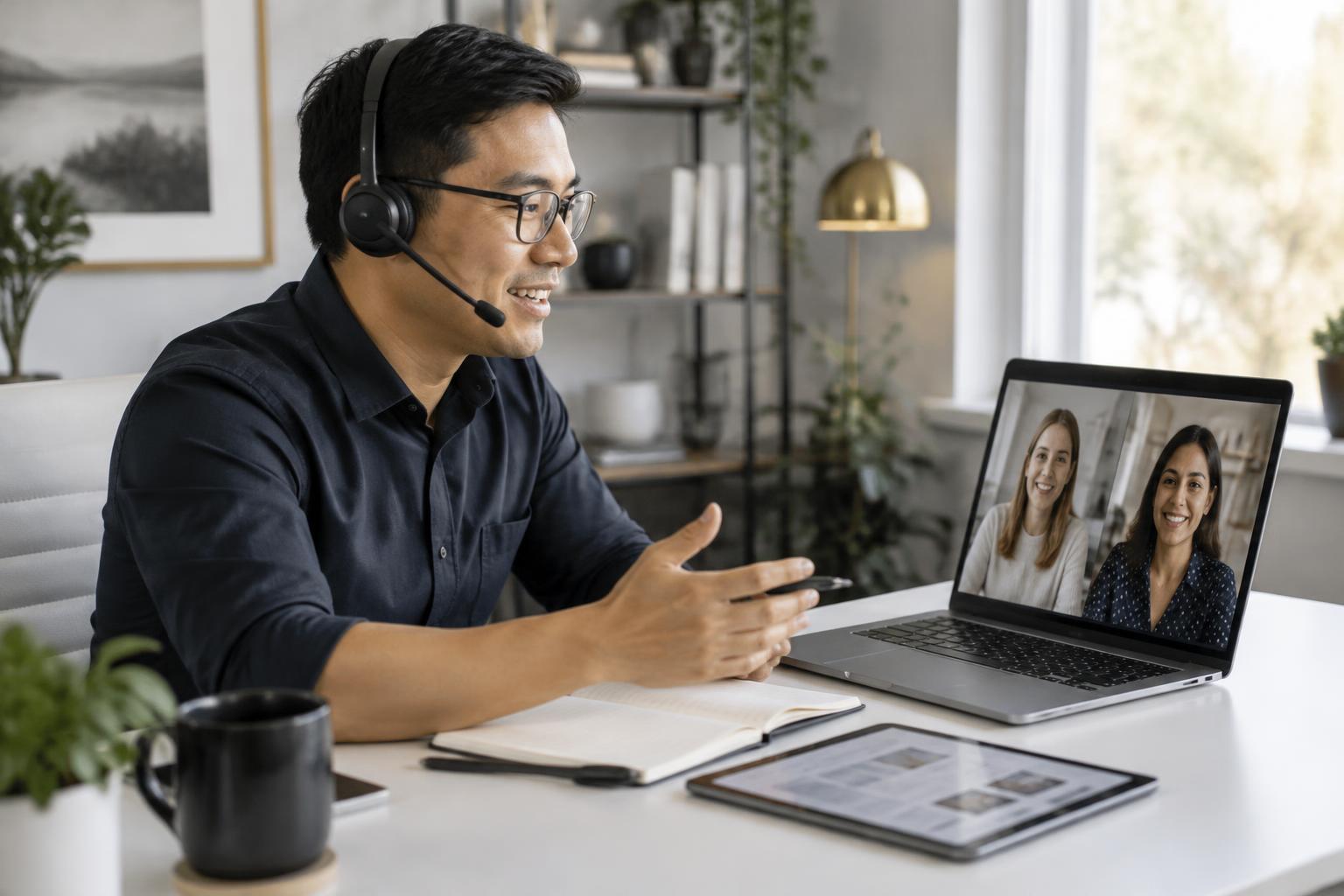 A professional using a headset during an online consultation with two participants
